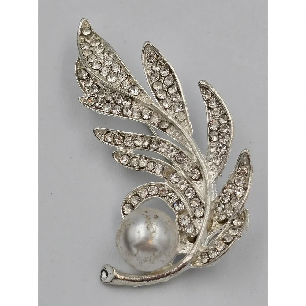 Elegant Silver Tone Rhinestone Pearl Leaf Brooch Pin‎ Fashion Jewelry